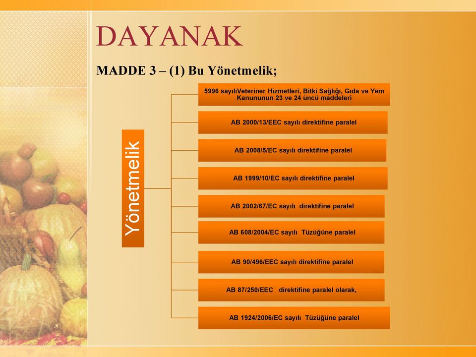 1999/10/EC sayılı direktifine paralel AB 2002/67/EC sayılı direktifine paralel AB 608/2004/EC sayılı Tüzüğüne