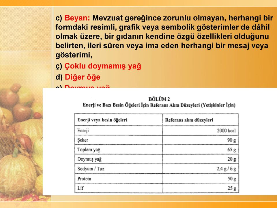 d) Diğer öğe e) Doymuş yağ f) Günlük karşılama miktarı (GKM): Tüketime hazır haldeki gıdanın bir porsiyonunun, Ek-9 Bölüm 2 deki