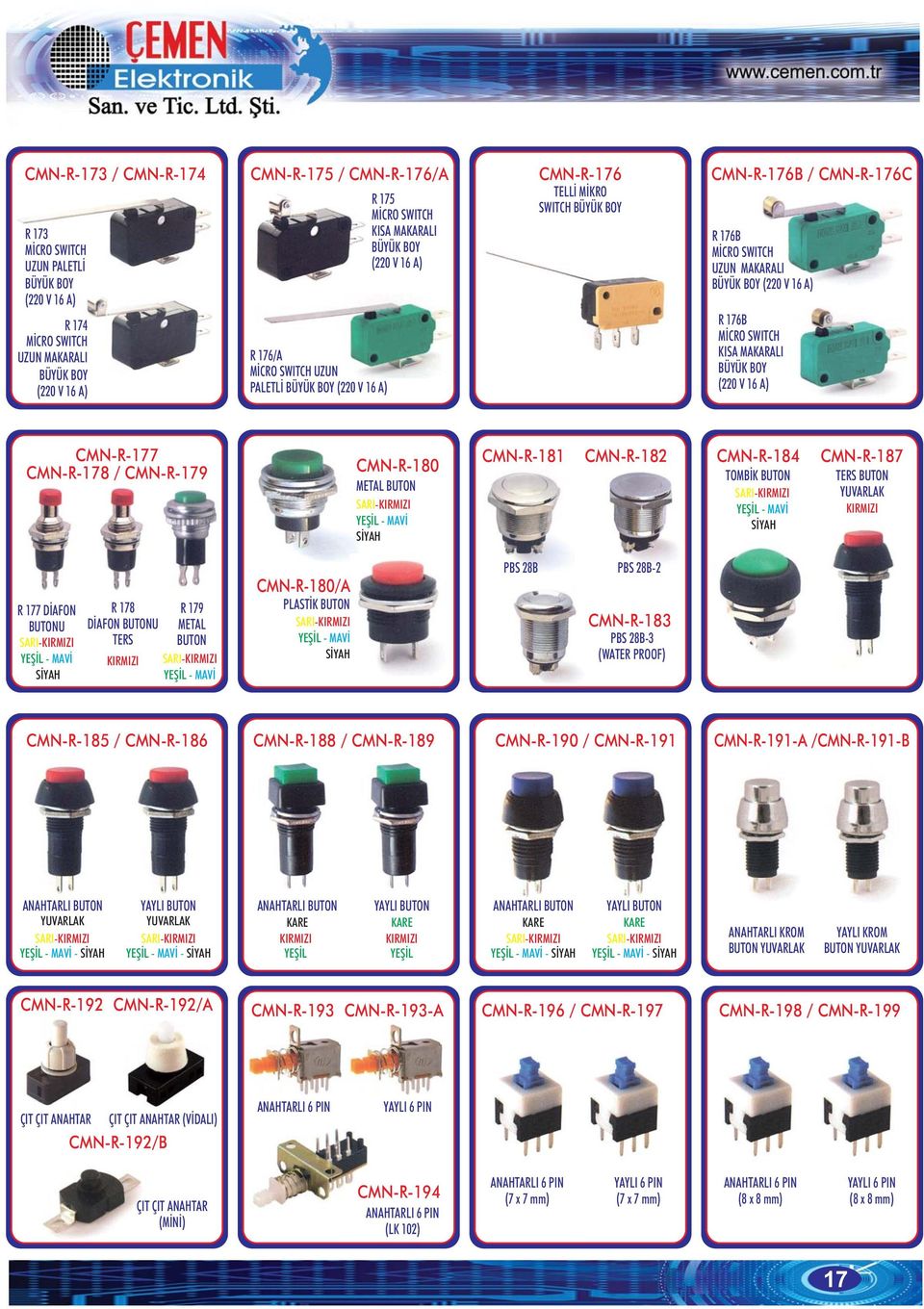 SWITCH KISA MAKARALI BÜYÜK BOY (220 16 A) CMN-R-177 CMN-R-178 / CMN-R-179 CMN-R-180 METAL BUTON SARI-KIRMIZI YEŞİL - MAİ SİYAH CMN-R-181 CMN-R-182 CMN-R-184 TOMBİK BUTON SARI-KIRMIZI YEŞİL - MAİ