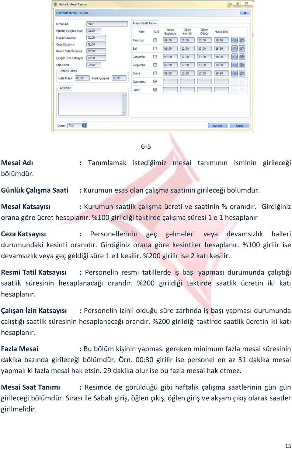 %100 girildiği taktirde çalışma süresi 1 e 1 hesaplanır Ceza Katsayısı : Personellerinin geç gelmeleri veya devamsızlık halleri durumundaki kesinti oranıdır.