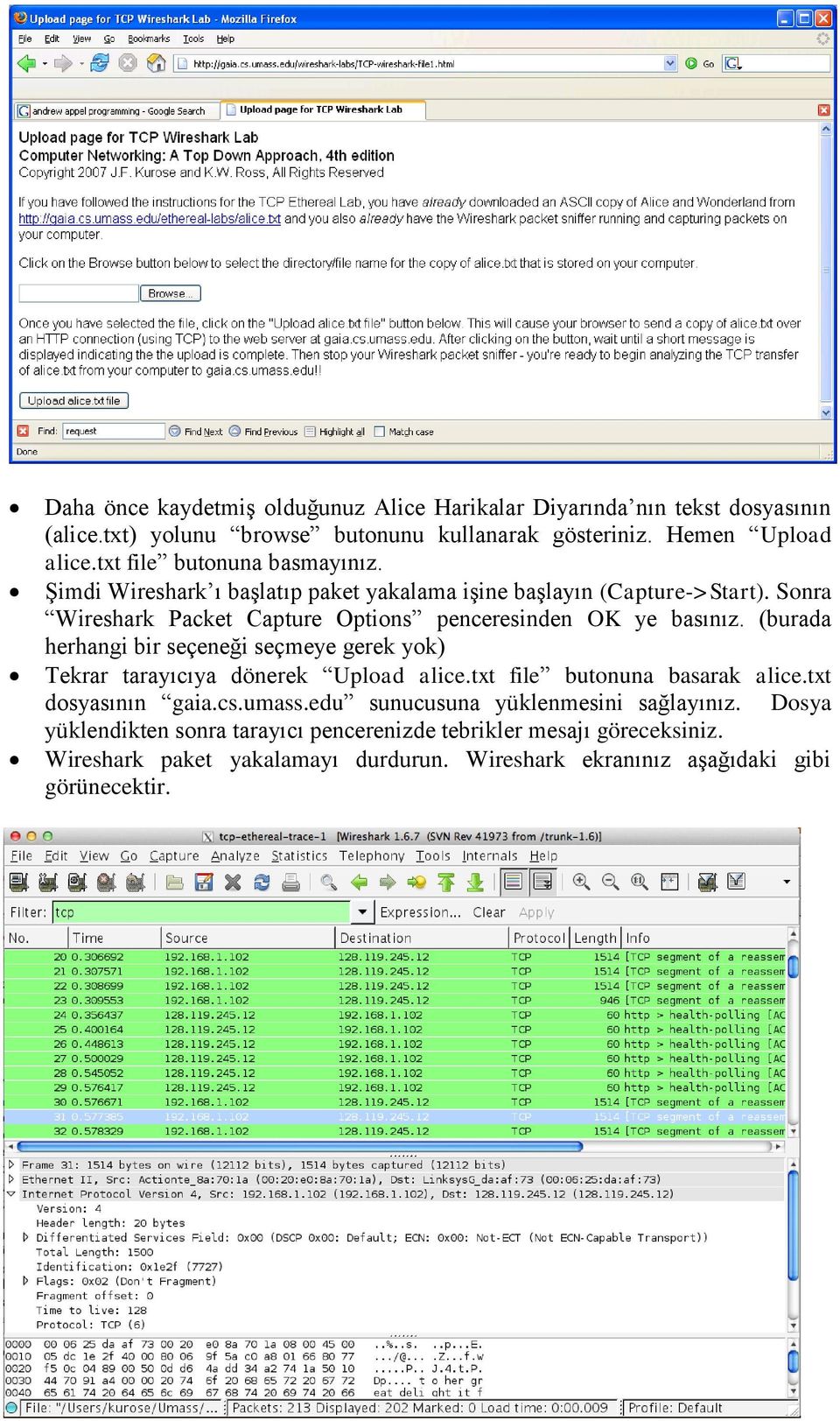 Sonra Wireshark Packet Capture Options penceresinden OK ye basınız. (burada herhangi bir seçeneği seçmeye gerek yok) Tekrar tarayıcıya dönerek Upload alice.