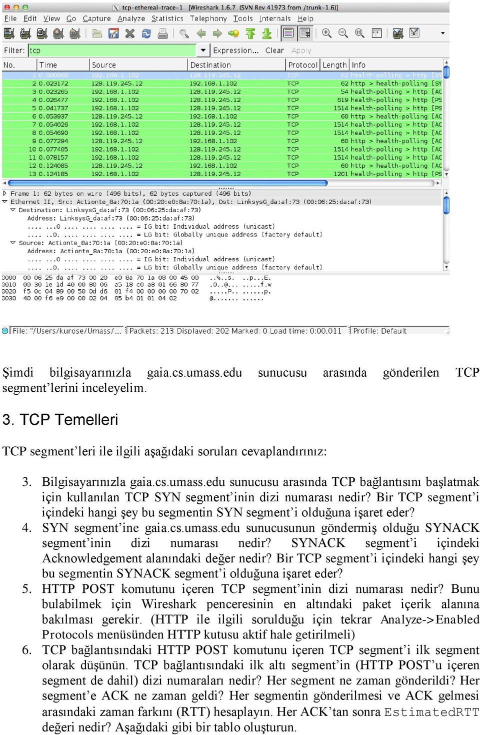 Bir TCP segment i içindeki hangi şey bu segmentin SYN segment i olduğuna işaret eder? 4. SYN segment ine gaia.cs.umass.edu sunucusunun göndermiş olduğu SYNACK segment inin dizi numarası nedir?