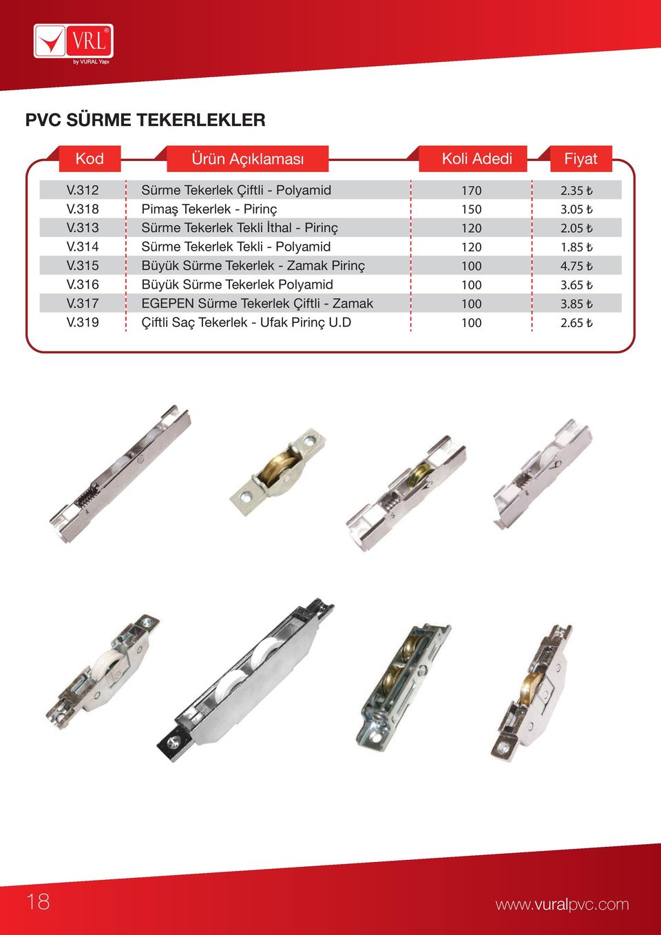 85 V.315 Büyük Sürme Tekerlek - Zamak Pirinç 100 4.75 V.316 Büyük Sürme Tekerlek Polyamid 100 3.65 V.