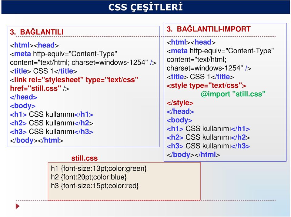 href="still.css" /> </head> <body> <h1> CSS kullanımı</h1> <h2> CSS kullanımı</h2> <h3> CSS kullanımı</h3> </body></html> still.