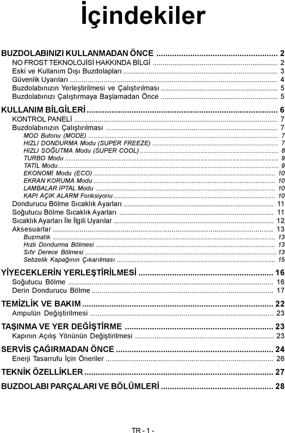 .. 7 HIZLI SOĞUTMA Modu (SUPER COOL)... 8 TURBO Modu... 9 TATİL Modu... 9 EKONOMİ Modu (ECO)... 10 EKRAN KORUMA Modu... 10 LAMBALAR İPTAL Modu... 10 KAPI AÇIK ALARM Fonksiyonu.