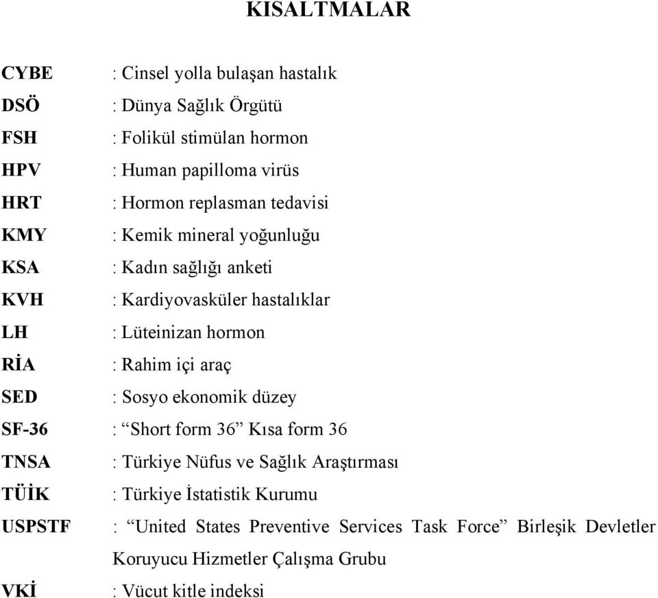 RİA : Rahim içi araç SED : Sosyo ekonomik düzey SF-36 : Short form 36 Kısa form 36 TNSA : Türkiye Nüfus ve Sağlık Araştırması TÜİK : Türkiye