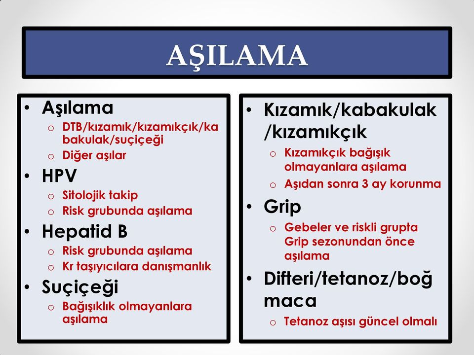 olmayanlara aşılama Kızamık/kabakulak /kızamıkçık o Kızamıkçık bağışık olmayanlara aşılama o Aşıdan sonra 3 ay