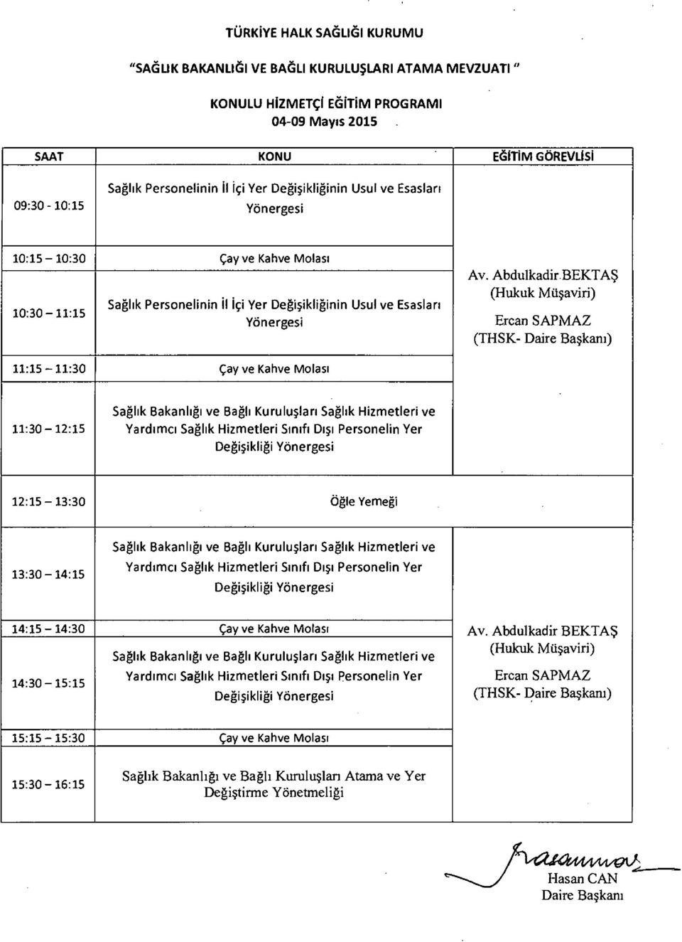 Abdulkadir BEKTAŞ (Hukuk Müşaviri) Ercan SAPMAZ (THSK- ) 11:15 11:30 Çay ve Kahve Molası 11:30 12:15 12:15 13:30 Öğle Yemeği 13:30 14:15 14:15 14:30 Çay ve Kahve Molası 1430 15:15 Av.