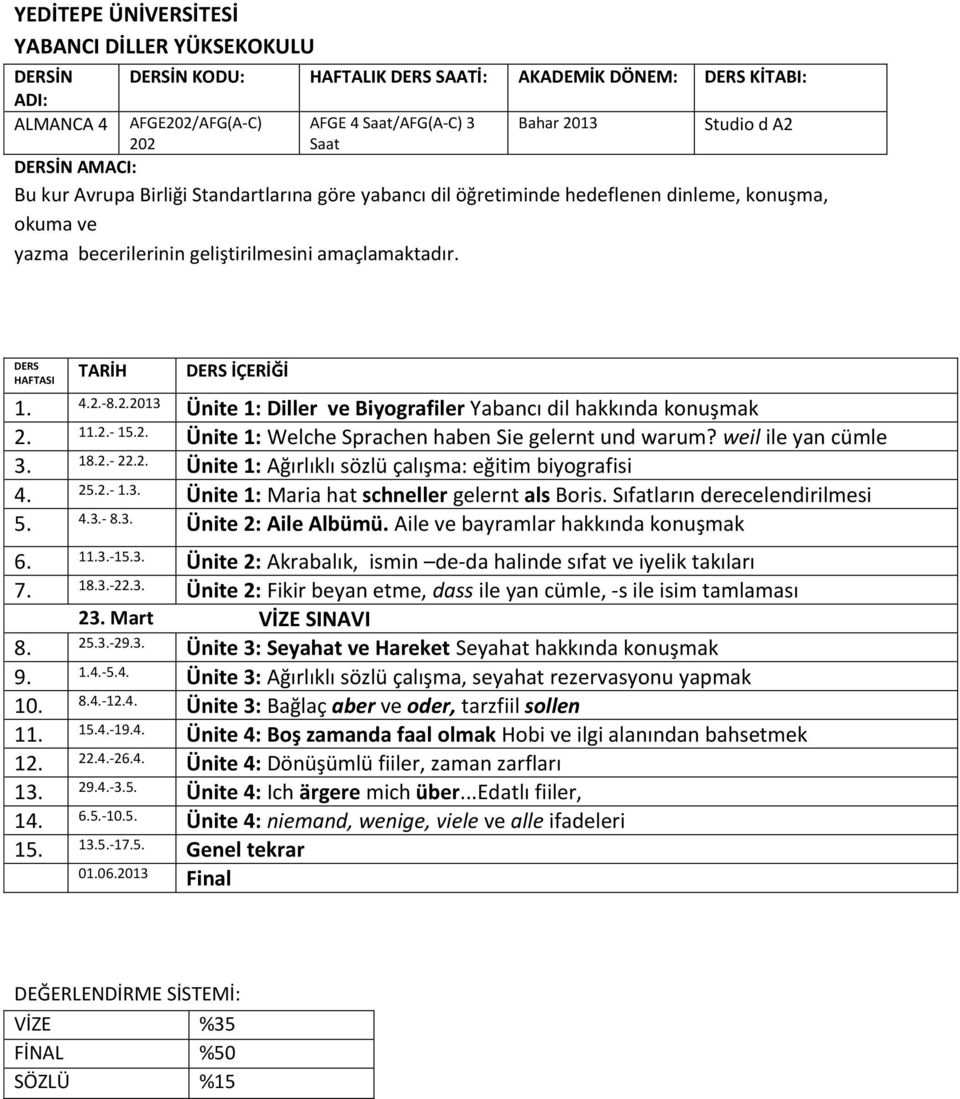 weil ile yan cümle - 2 Ünite 1: Ağırlıklı sözlü çalışma: eğitim biyografisi 2- Ünite 1: Maria hat schneller gelernt als Boris. Sıfatların derecelendirilmesi - Ünite 2: Aile Albümü.