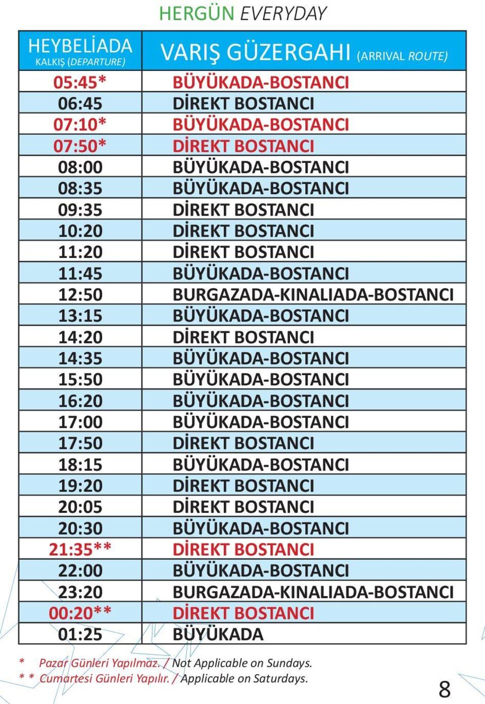 14:35 BÜYÜKADA-BOSTANCI 15:50 BÜYÜKADA-BOSTANCI 16:20 BÜYÜKADA-BOSTANCI 17:00 BÜYÜKADA-BOSTANCI 17:50 DİREKT BOSTANCI 18:15 BÜYÜKADA-BOSTANCI 19:20 DİREKT BOSTANCI 20:05 DİREKT BOSTANCI 20:30