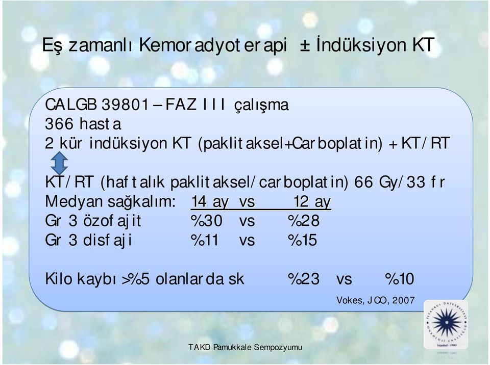 paklitaksel/carboplatin) 66 Gy/33 fr Medyan sağkalım: 14 ay vs 12 ay Gr 3