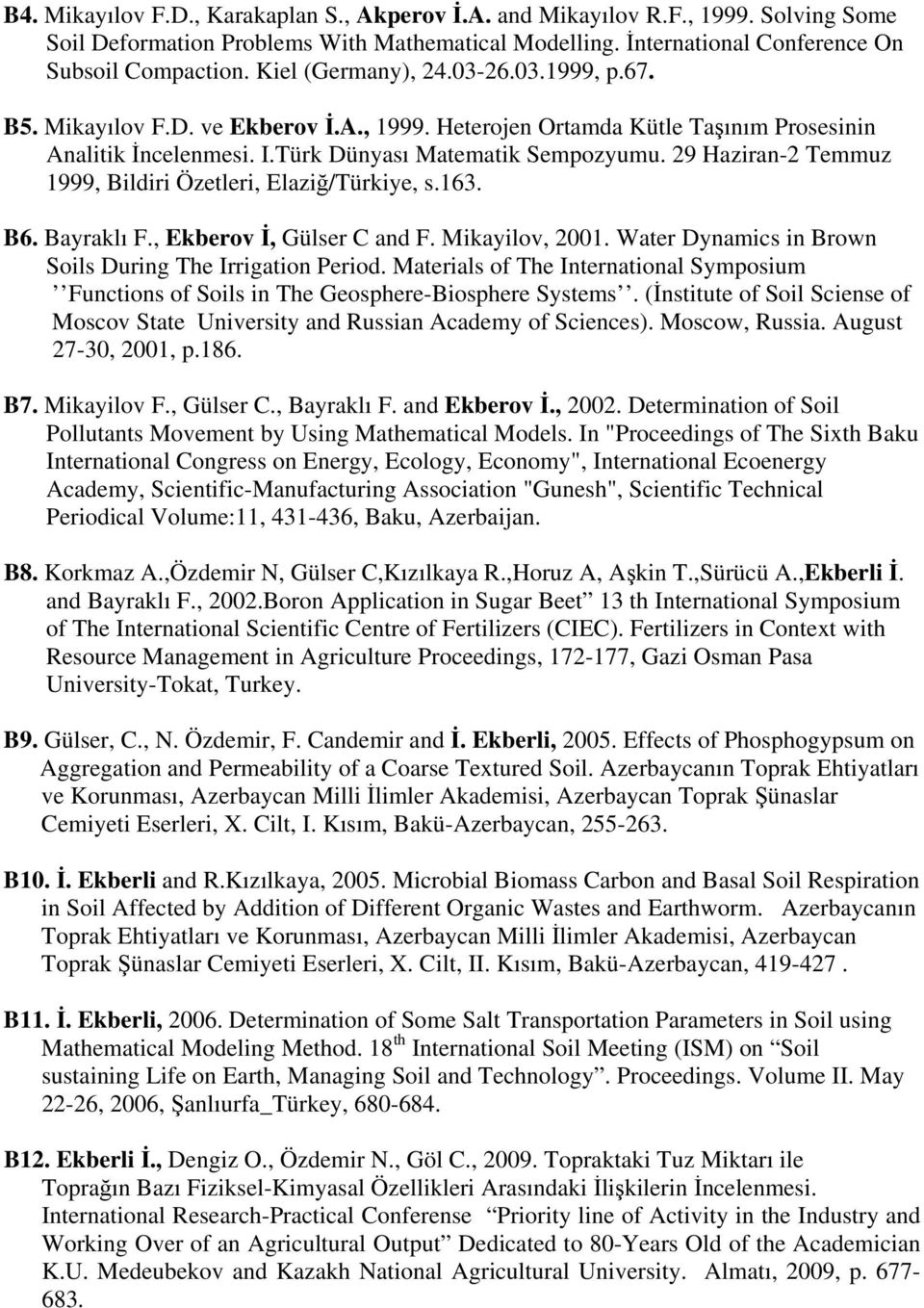 29 Haziran-2 Temmuz 1999, Bildiri Özetleri, Elaziğ/Türkiye, s.163. B6. Bayraklı F., Ekberov İ, Gülser C and F. Mikayilov, 2001. Water Dynamics in Brown Soils During The Irrigation Period.