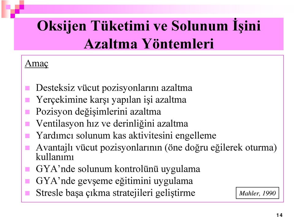 solunum kas aktivitesini engelleme Avantajlı vücut pozisyonlarının (öne doğru eğilerek oturma) kullanımı GYA