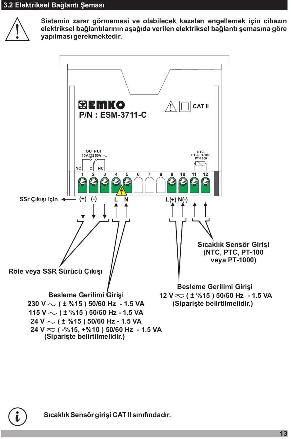P/N : ESM-3711-C CAT II OUTPUT 10A@250V NTC, PTC, PT-100, PT-1000 NO C NC 1 2 3 4 5 6 7 8 9 10 11 12 SSr Çýkýþý için (+) (-) L N L(+) N(-) Röle veya SSR Sürücü Çýkýþý Sýcaklýk Sensör
