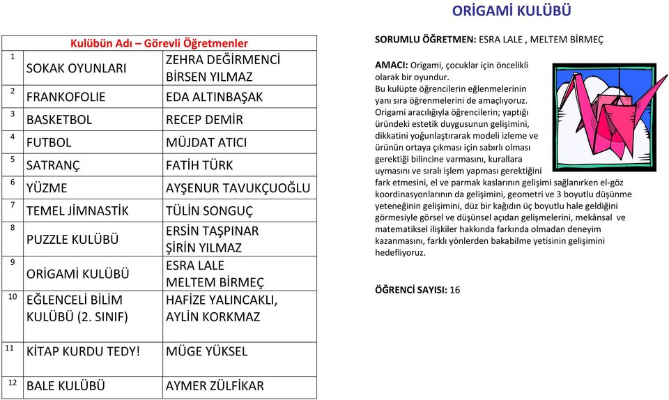 KORKMAZ SORUMLU ÖĞRETMEN: ESRA LALE, MELTEM BİRMEÇ AMACI: Origami, çocuklar için öncelikli olarak bir oyundur. Bu kulüpte öğrencilerin eğlenmelerinin yanı sıra öğrenmelerini de amaçlıyoruz.