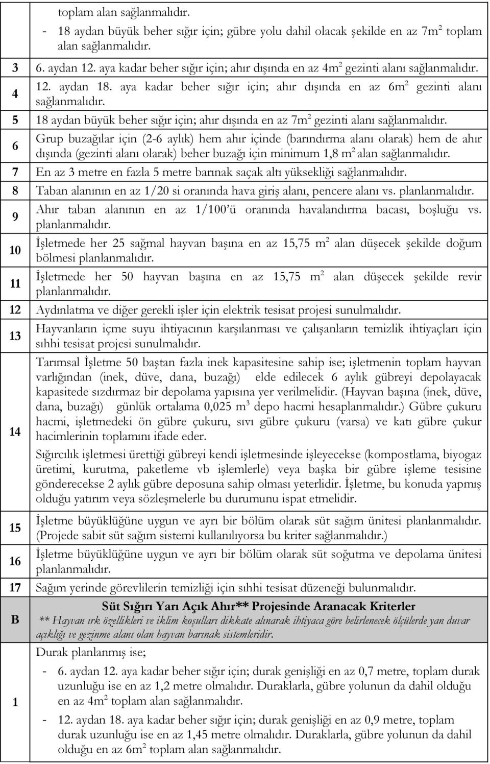 5 18 aydan büyük beher sığır için; ahır dışında en az 7m 2 gezinti alanı sağlanmalıdır.