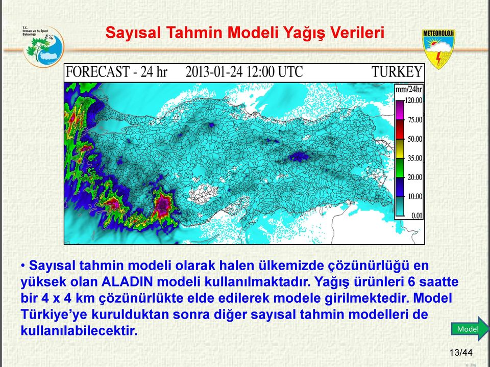 Yağış ürünleri 6 saatte bir 4 x 4 km çözünürlükte elde edilerek modele