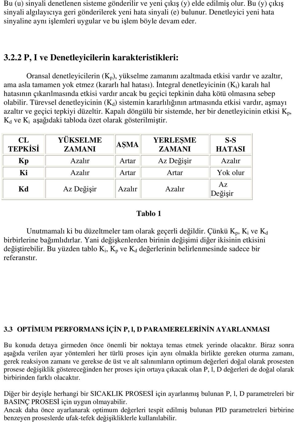 2 P, I ve Denetleyicilerin karakteristikleri: Oransal denetleyicilerin (K p ), yükselme zamanını azaltmada etkisi vardır ve azaltır, ama asla tamamen yok etmez (kararlı hal hatası).