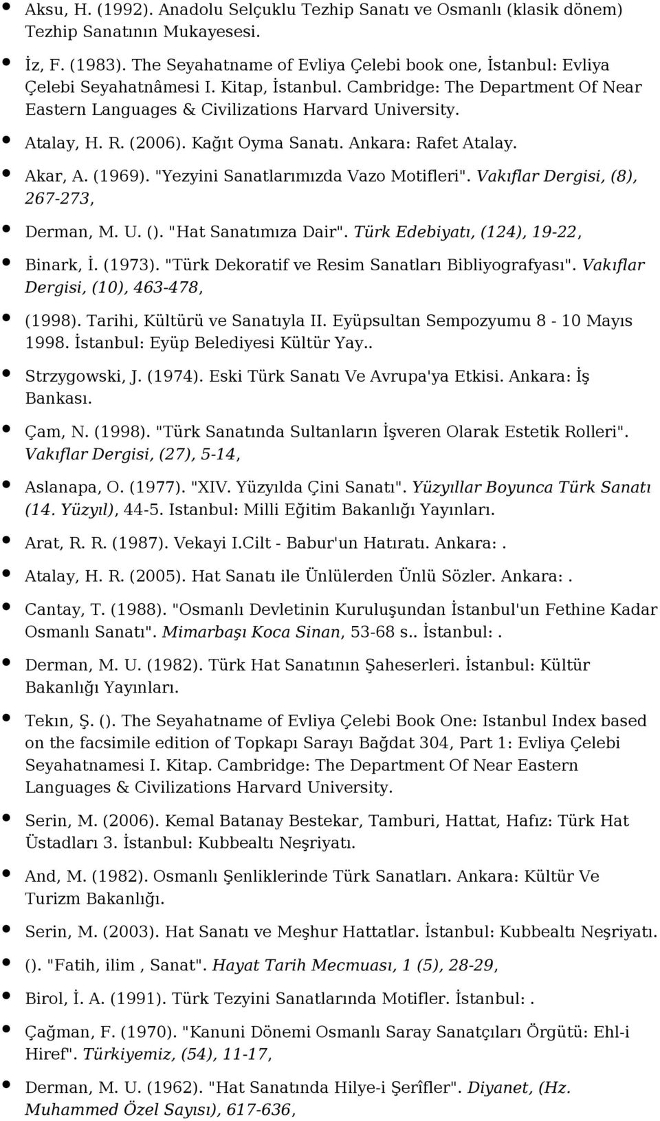 R. (2006). Kağıt Oyma Sanatı. Ankara: Rafet Atalay. Akar, A. (1969). "Yezyini Sanatlarımızda Vazo Motifleri". Vakıflar Dergisi, (8), 267-273, Derman, M. U. (). "Hat Sanatımıza Dair".