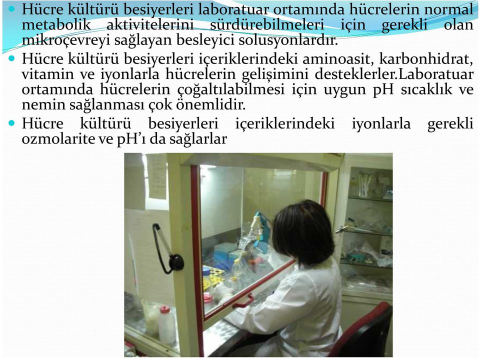 Hücre kültürü besiyerleri içeriklerindeki aminoasit, karbonhidrat, vitamin ve iyonlarla hücrelerin gelişimini desteklerler.