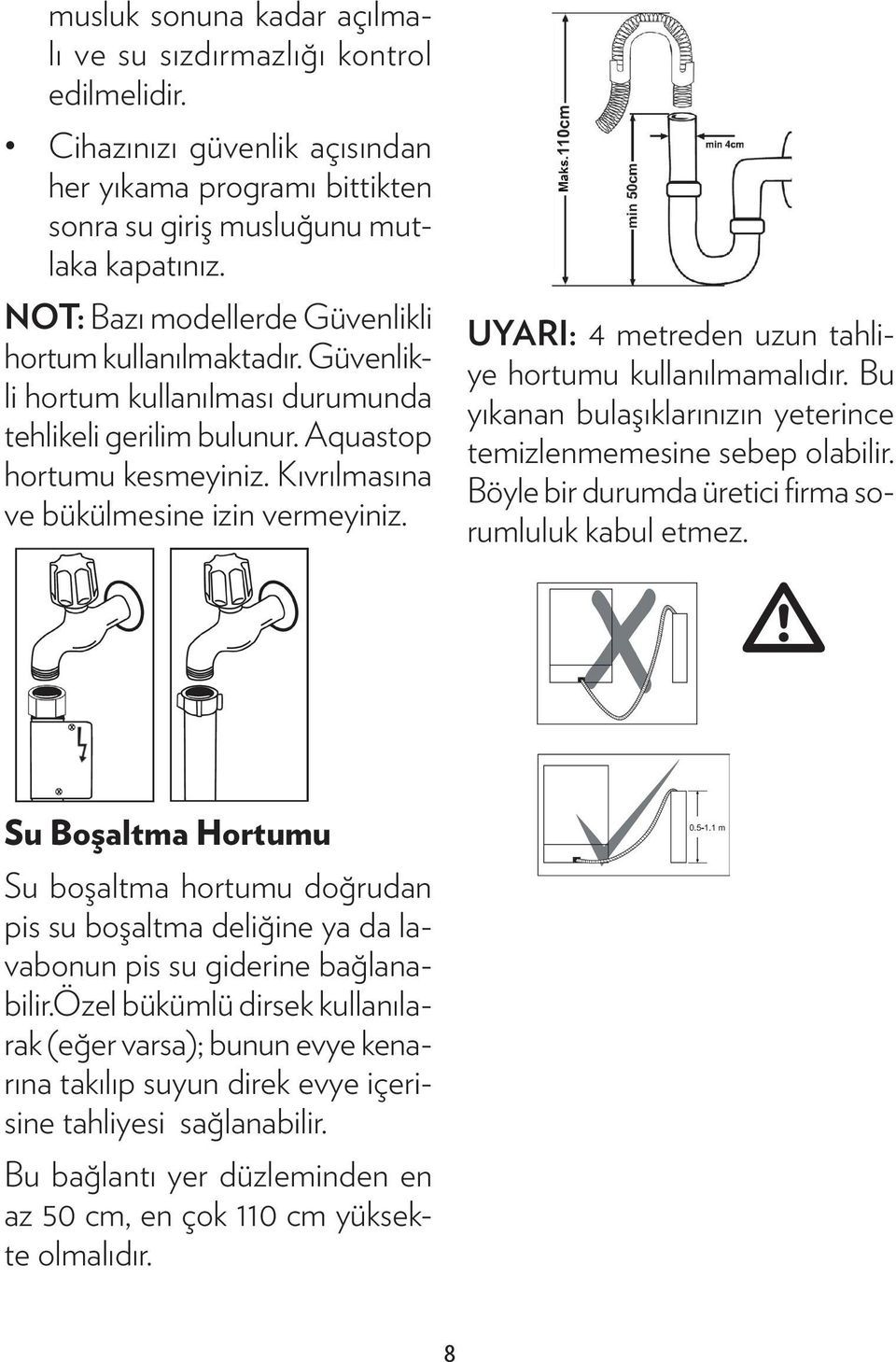 UYARI: 4 metreden uzun tahliye hortumu kullanılmamalıdır. Bu yıkanan bulaşıklarınızın yeterince temizlenmemesine sebep olabilir. Böyle bir durumda üretici firma sorumluluk kabul etmez.