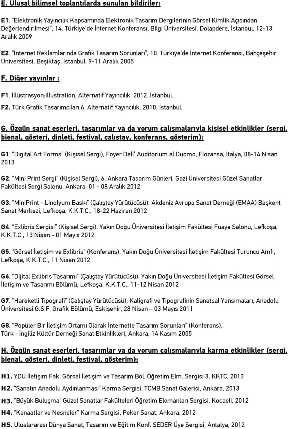 Türkiye de İnternet Konferansı, Bahçeşehir Üniversitesi, Beşiktaş, İstanbul, 9-11 Aralık 2005 F. Diğer yayınlar : F1. İllüstrasyon:Illustration, Alternatif Yayıncılık, 2012. İstanbul. F2.