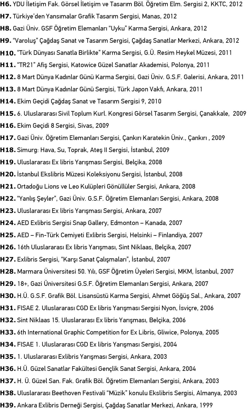 Resim Heykel Müzesi, 2011 H11. TR21 Afiş Sergisi, Katowice Güzel Sanatlar Akademisi, Polonya, 2011 H12. 8 Mart Dünya Kadınlar Günü Karma Sergisi, Gazi Üniv. G.S.F. Galerisi, Ankara, 2011 H13.