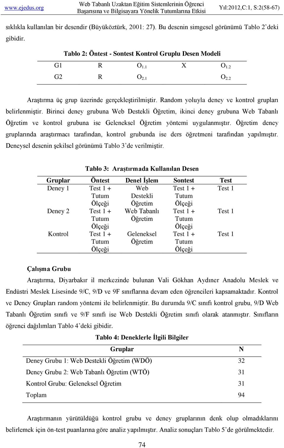 Birinci deney grubuna Web Destekli Öğretim, ikinci deney grubuna Web Tabanlı Öğretim ve kontrol grubuna ise Geleneksel Öğretim yöntemi uygulanmıştır.