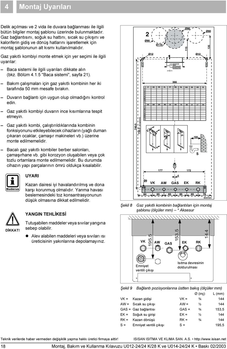 2 115 135 Gaz yakıtlı kombiyi monte etmek için yer seçimi ile ilgili uyarılar: Baca sistemi ile ilgili uyarıları dikkate alın (bkz. Bölüm 4.1.5 "Baca sistemi", sayfa 21).