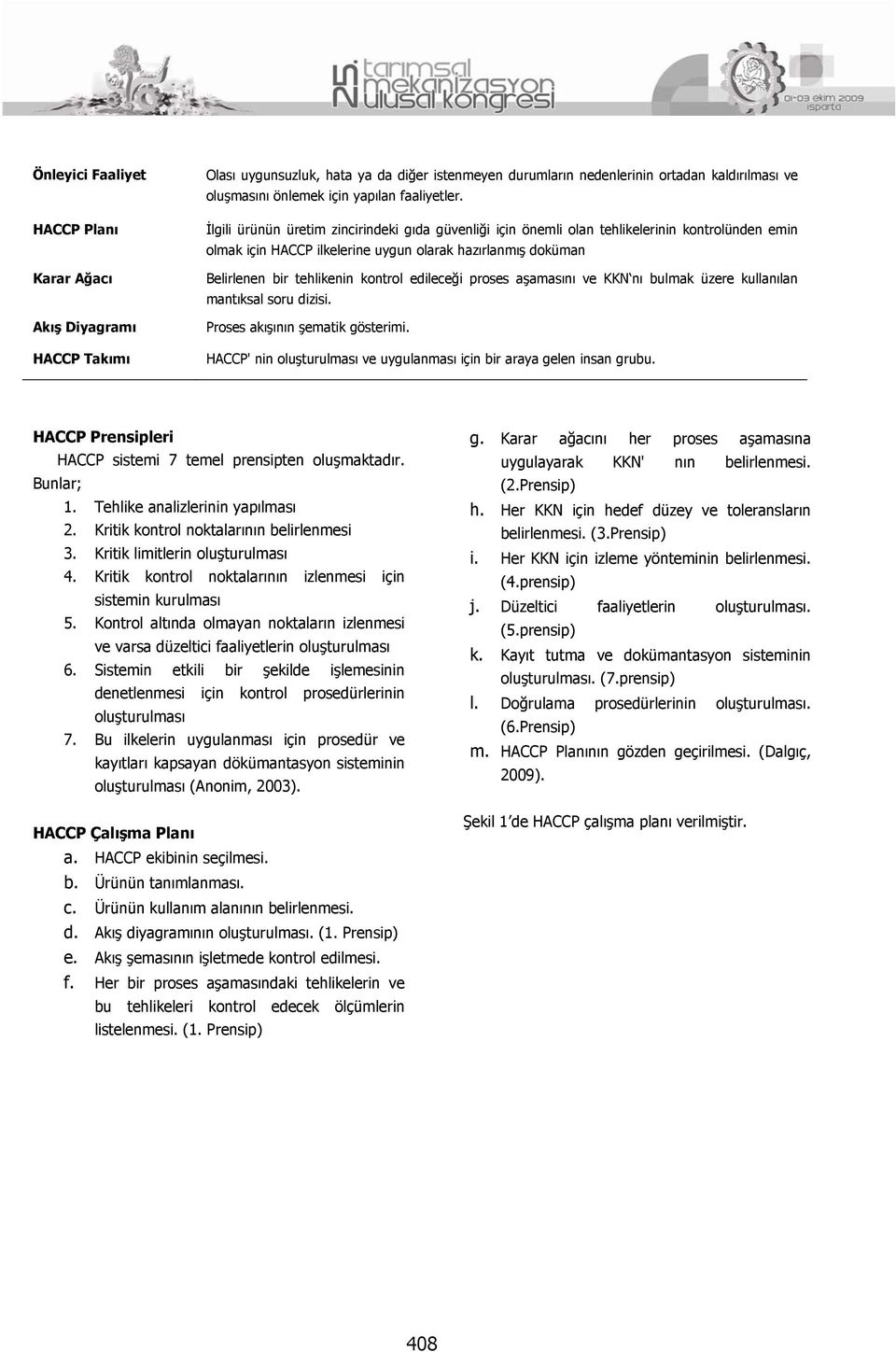 İlgili ürünün üretim zincirindeki gıda güvenliği için önemli olan tehlikelerinin kontrolünden emin olmak için HACCP ilkelerine uygun olarak hazırlanmış doküman Belirlenen bir tehlikenin kontrol