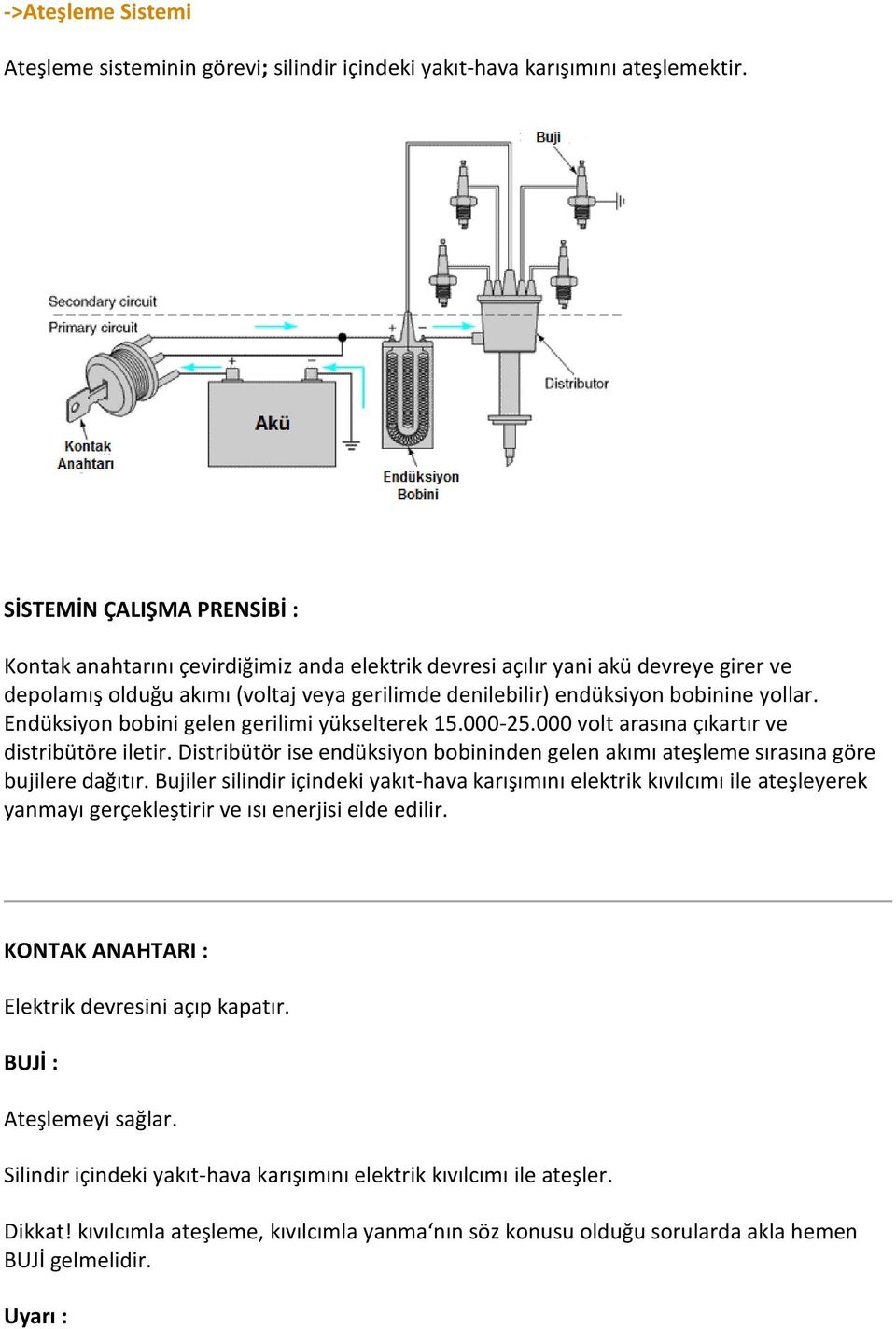 Endüksiyon bobini gelen gerilimi yükselterek 15.000-25.000 volt arasına çıkartır ve distribütöre iletir. Distribütör ise endüksiyon bobininden gelen akımı ateşleme sırasına göre bujilere dağıtır.