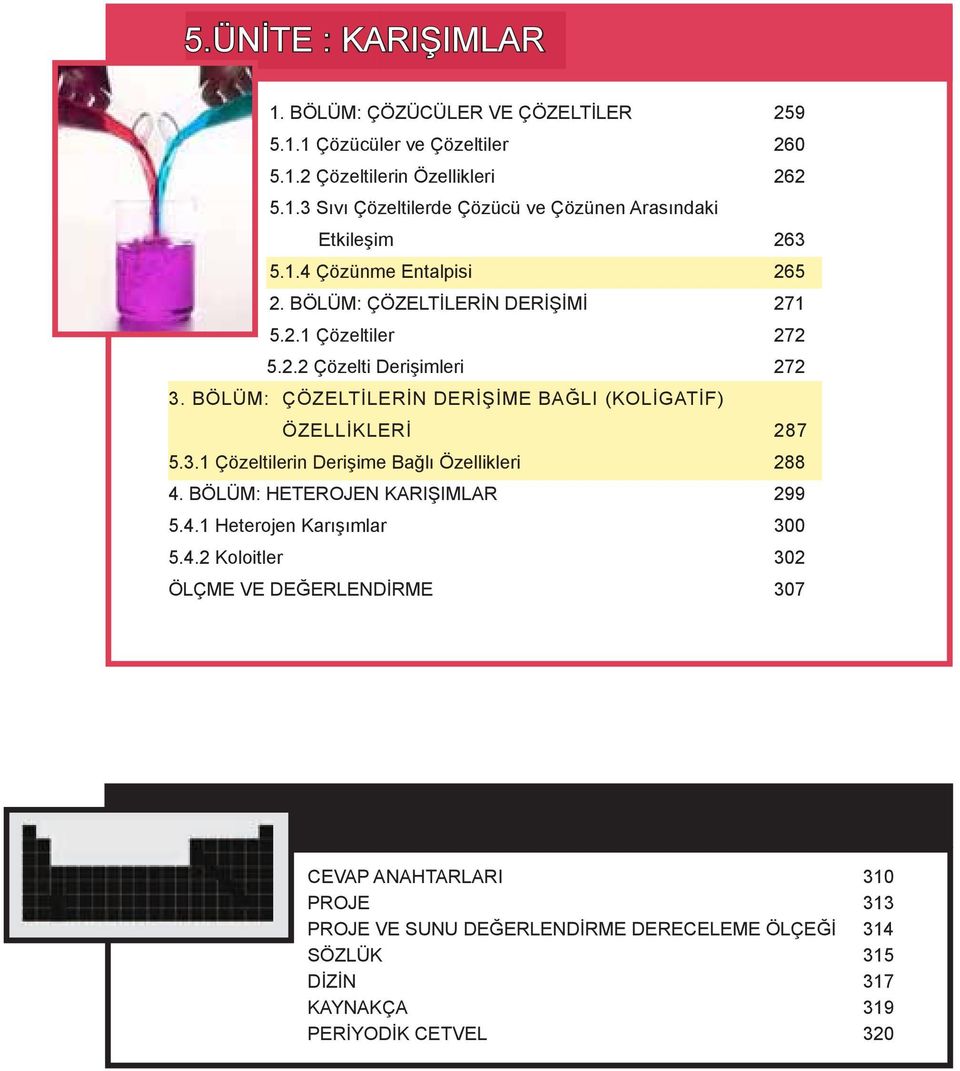 BÖLÜM: ÇÖZELTİLERİN DERİŞİME BAĞLI (KOLİGATİF) ÖZELLİKLERİ 287 5.3.1 Çözeltilerin Derişime Bağlı Özellikleri 288 4. BÖLÜM: HETEROJEN KARIŞIMLAR 299 5.4.1 Heterojen Karışımlar 300 5.