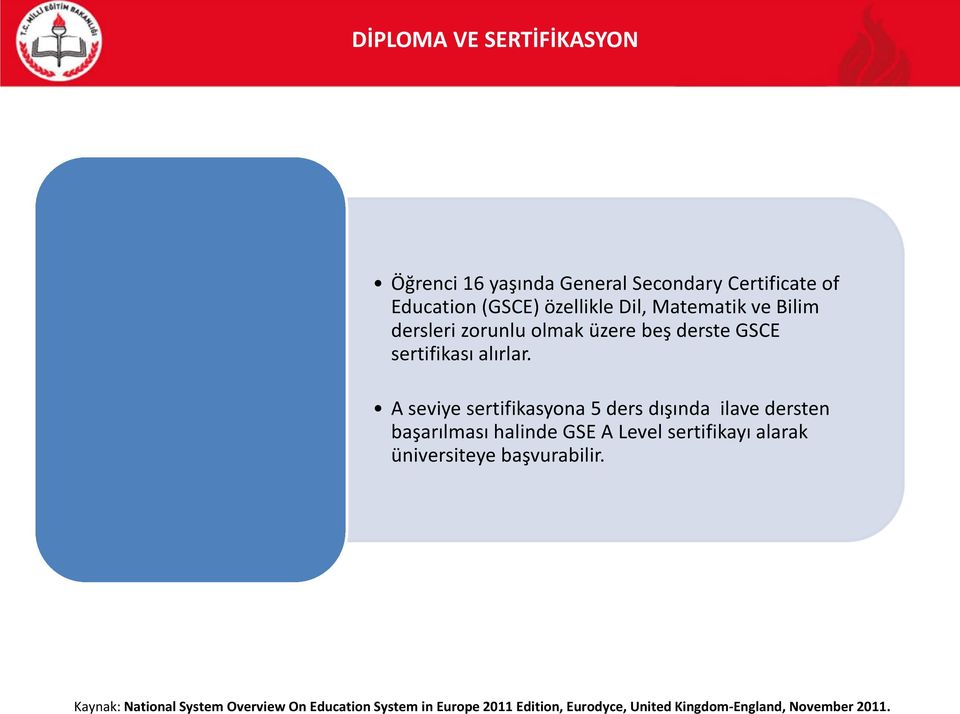 A seviye sertifikasyona 5 ders dışında ilave dersten başarılması halinde GSE A Level sertifikayı alarak