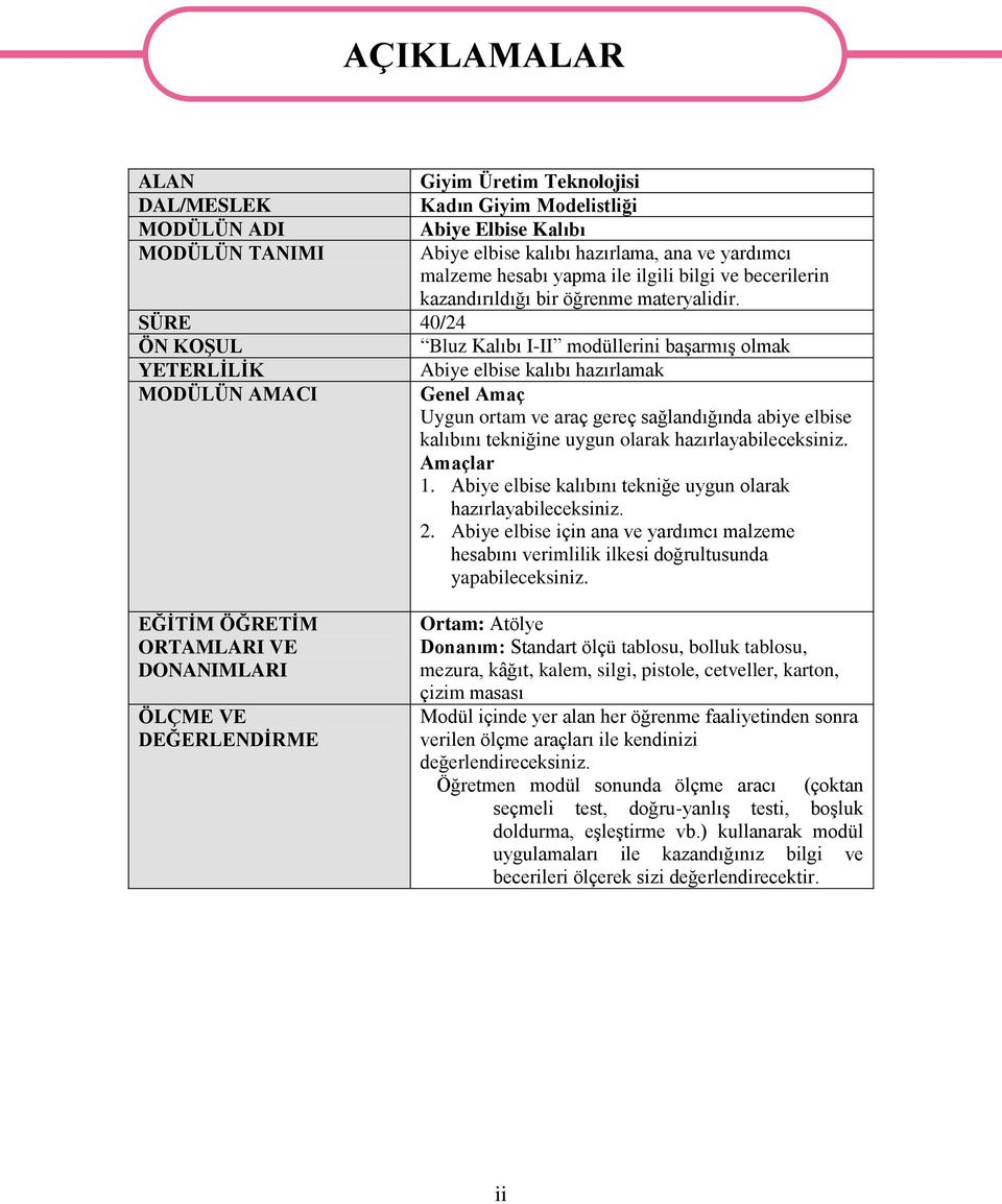 SÜRE 40/24 ÖN KOŞUL Bluz Kalıbı I-II modüllerini başarmış olmak YETERLİLİK Abiye elbise kalıbı hazırlamak MODÜLÜN AMACI Genel Amaç Uygun ortam ve araç gereç sağlandığında abiye elbise kalıbını