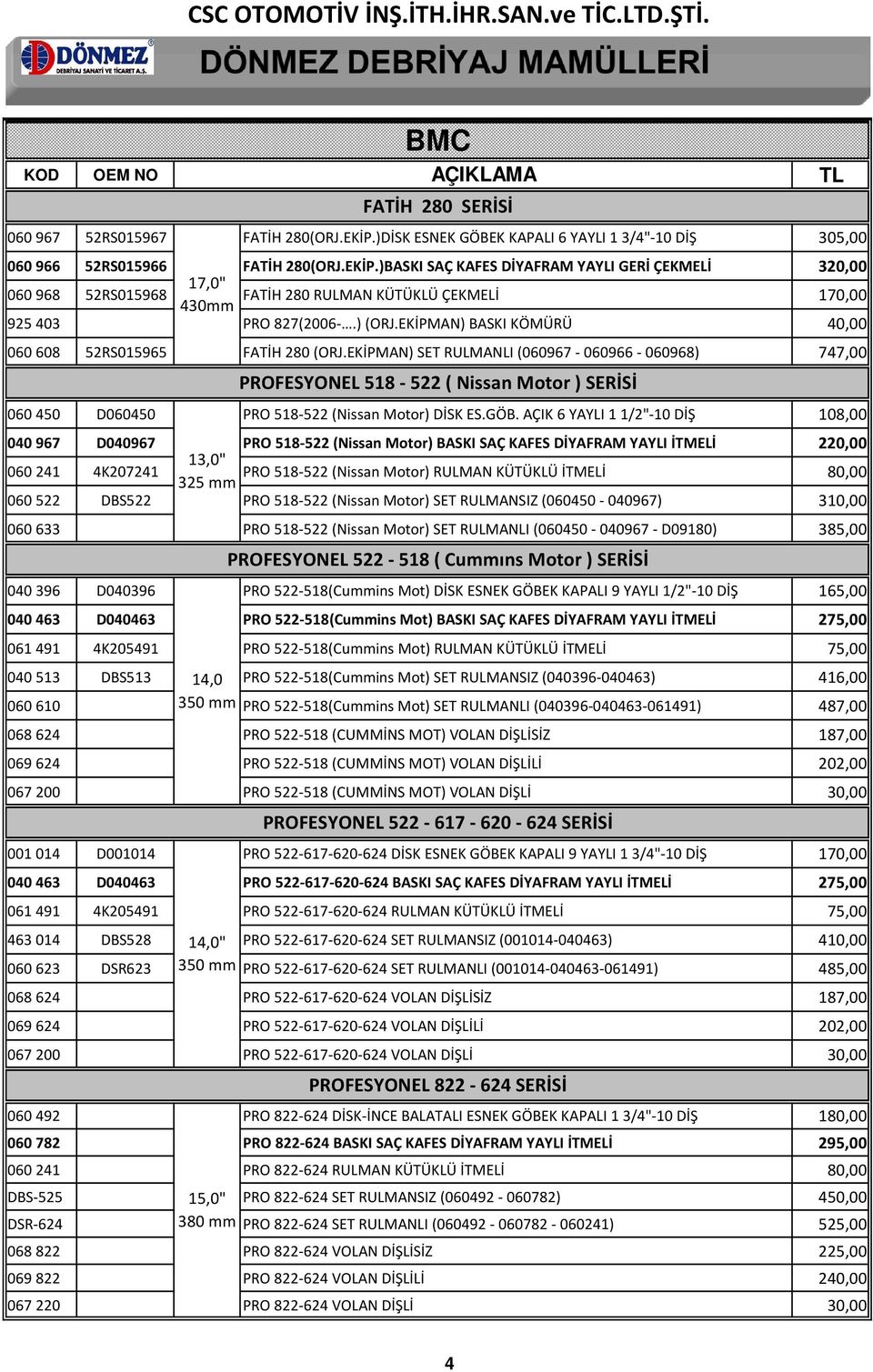 )BASKI SAÇ KAFES DİYAFRAM YAYLI GERİ ÇEKMELİ 320,00 17,0" 060968 52RS015968 FATİH 280 RULMAN KÜTÜKLÜ ÇEKMELİ 170,00 430mm 925403 PRO 827(2006-.) (ORJ.