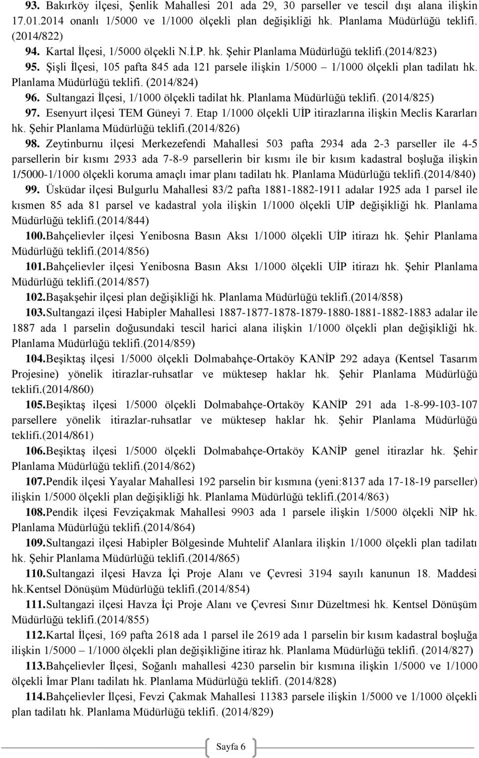 Planlama Müdürlüğü teklifi. (2014/824) 96. Sultangazi İlçesi, 1/1000 ölçekli tadilat hk. Planlama Müdürlüğü teklifi. (2014/825) 97. Esenyurt ilçesi TEM Güneyi 7.