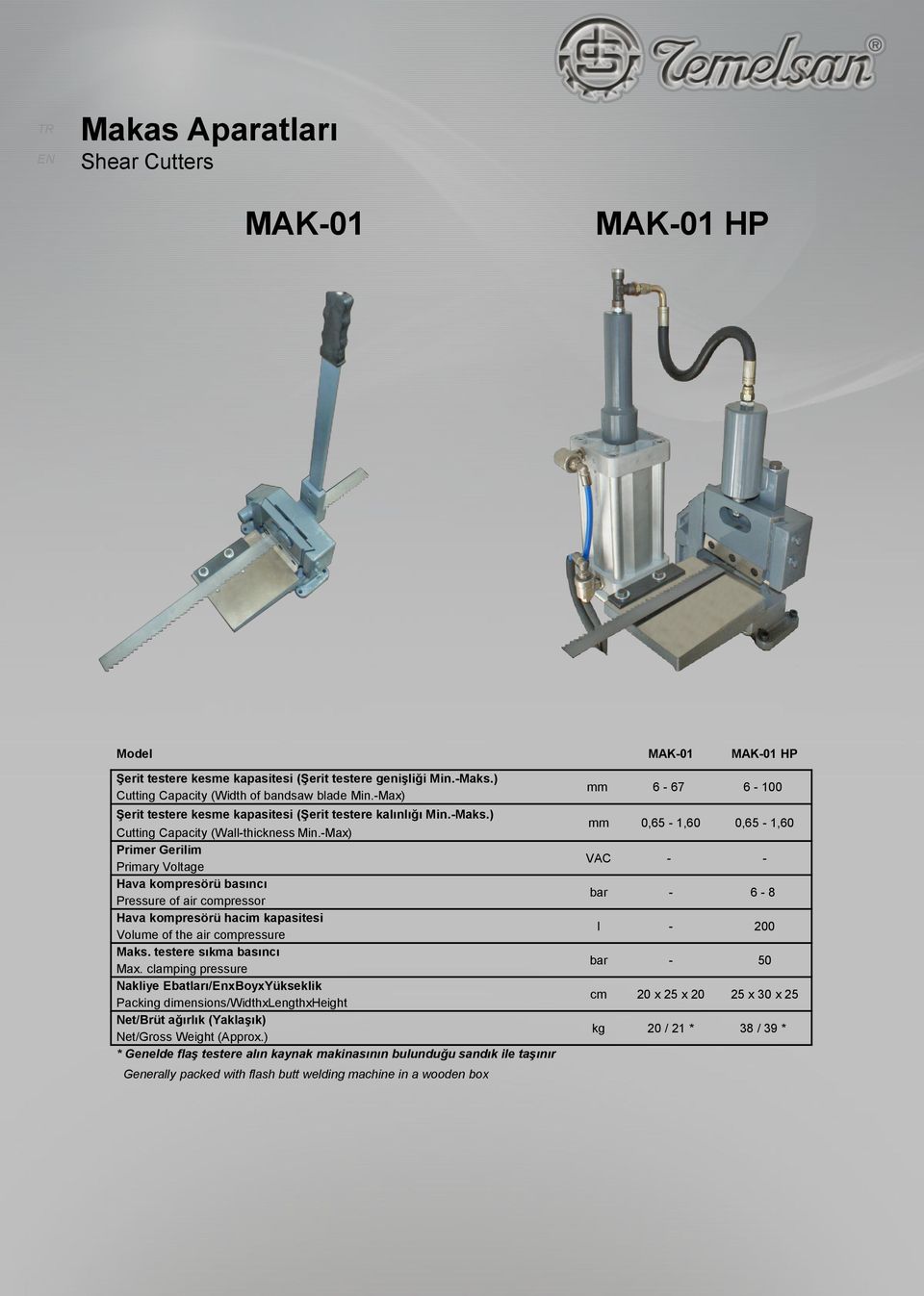 -Max) Primer Gerilim Primary Voltage Hava kompresörü basıncı Pressure of air compressor Hava kompresörü hacim kapasitesi Volume of the air compressure Maks. testere sıkma basıncı Max.