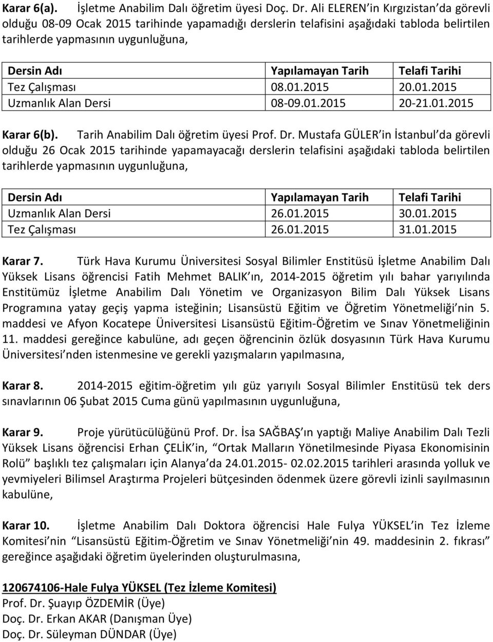 Telafi Tarihi Tez Çalışması 08.01.2015 20.01.2015 Uzmanlık Alan Dersi 08-09.01.2015 20-21.01.2015 Karar 6(b). Tarih Anabilim Dalı öğretim üyesi Prof. Dr.