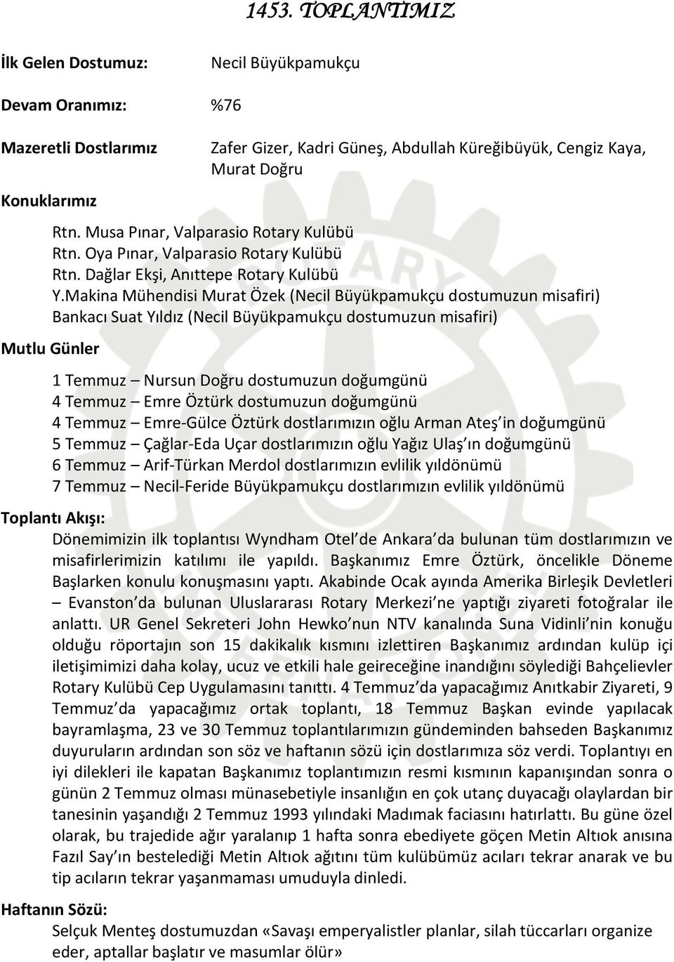 Makina Mühendisi Murat Özek (Necil Büyükpamukçu dostumuzun misafiri) Bankacı Suat Yıldız (Necil Büyükpamukçu dostumuzun misafiri) Mutlu Günler 1 Temmuz Nursun Doğru dostumuzun doğumgünü 4 Temmuz Emre