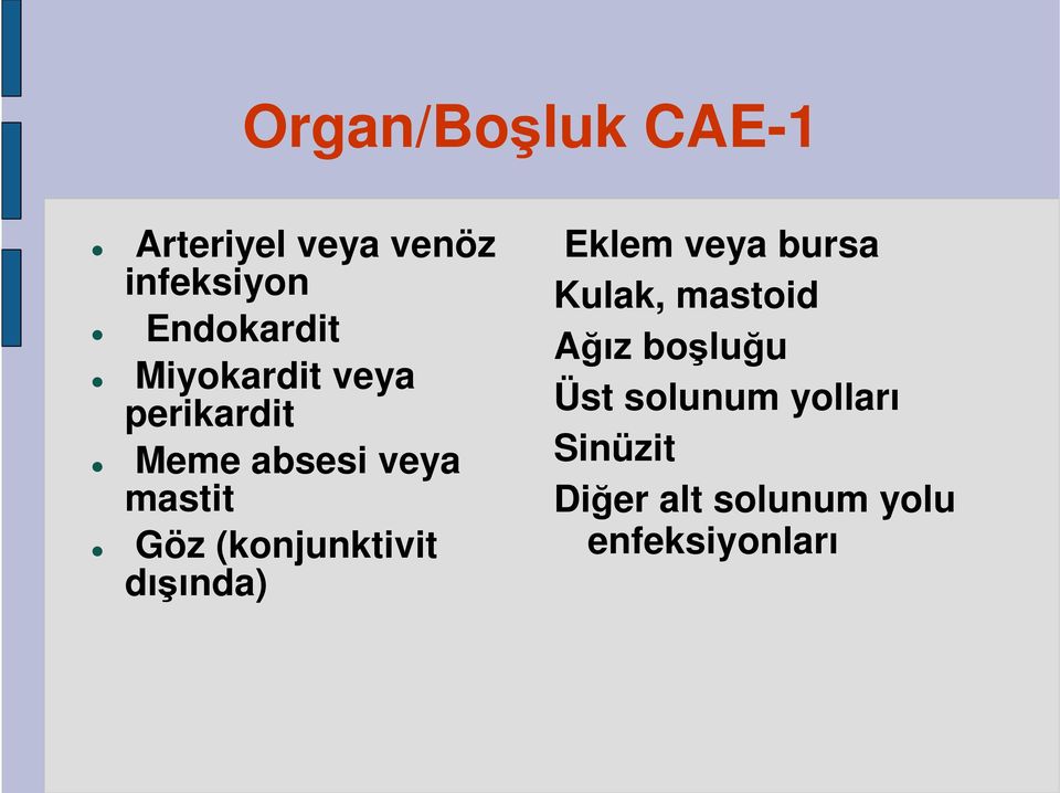 (konjunktivit dışında) Eklem veya bursa Kulak, mastoid Ağız