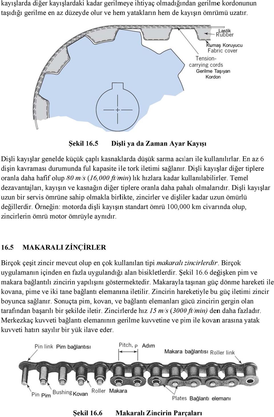 Dişli kayışlar diğer tiplere oranla daha hafif olup 80 m/s (16,000( ft/min) lık hızlara kadar kullanılabilirler. Temel dezavantajları, kayışın ve kasnağın diğer tiplere oranla daha pahalı olmalarıdır.