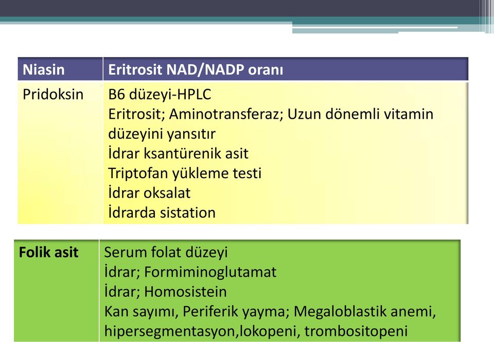 yükleme testi İdrar oksalat İdrarda sistation Serum folat düzeyi İdrar; Formiminoglutamat