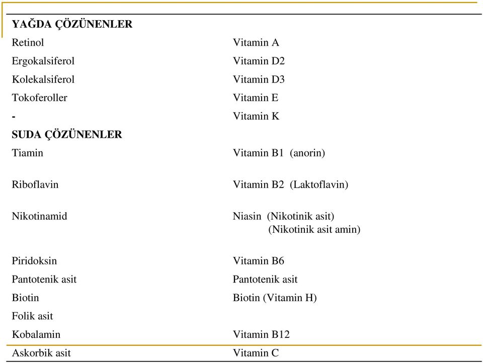 (Laktoflavin) Nikotinamid Niasin (Nikotinik asit) (Nikotinik asit amin) Piridoksin Pantotenik asit