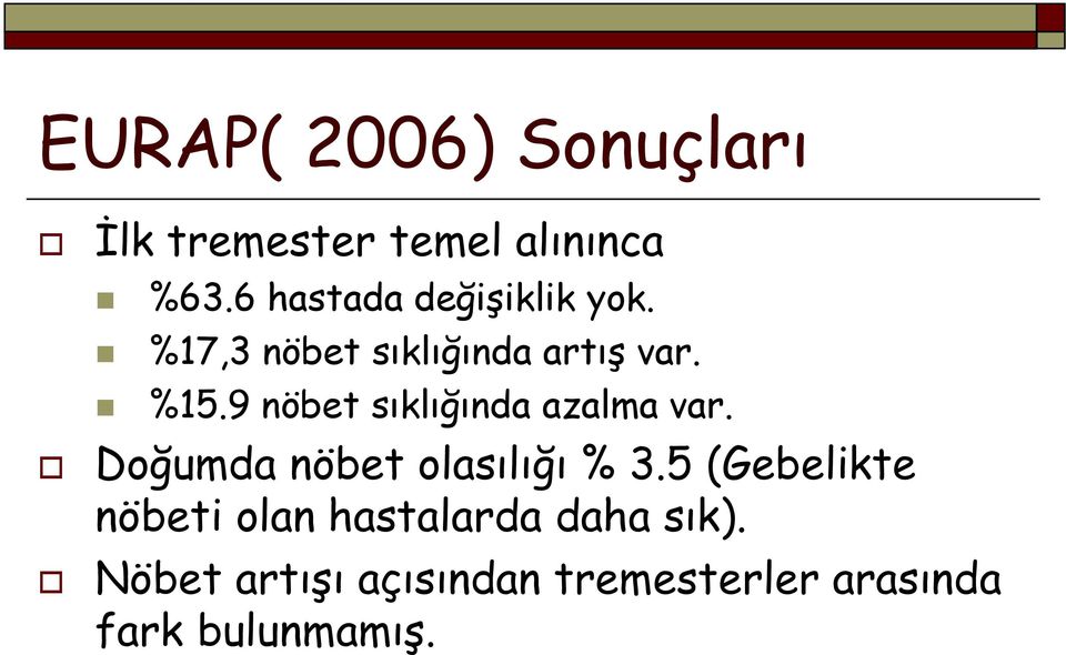 9 nöbet sıklığında azalma var. Doğumda nöbet olasılığı % 3.