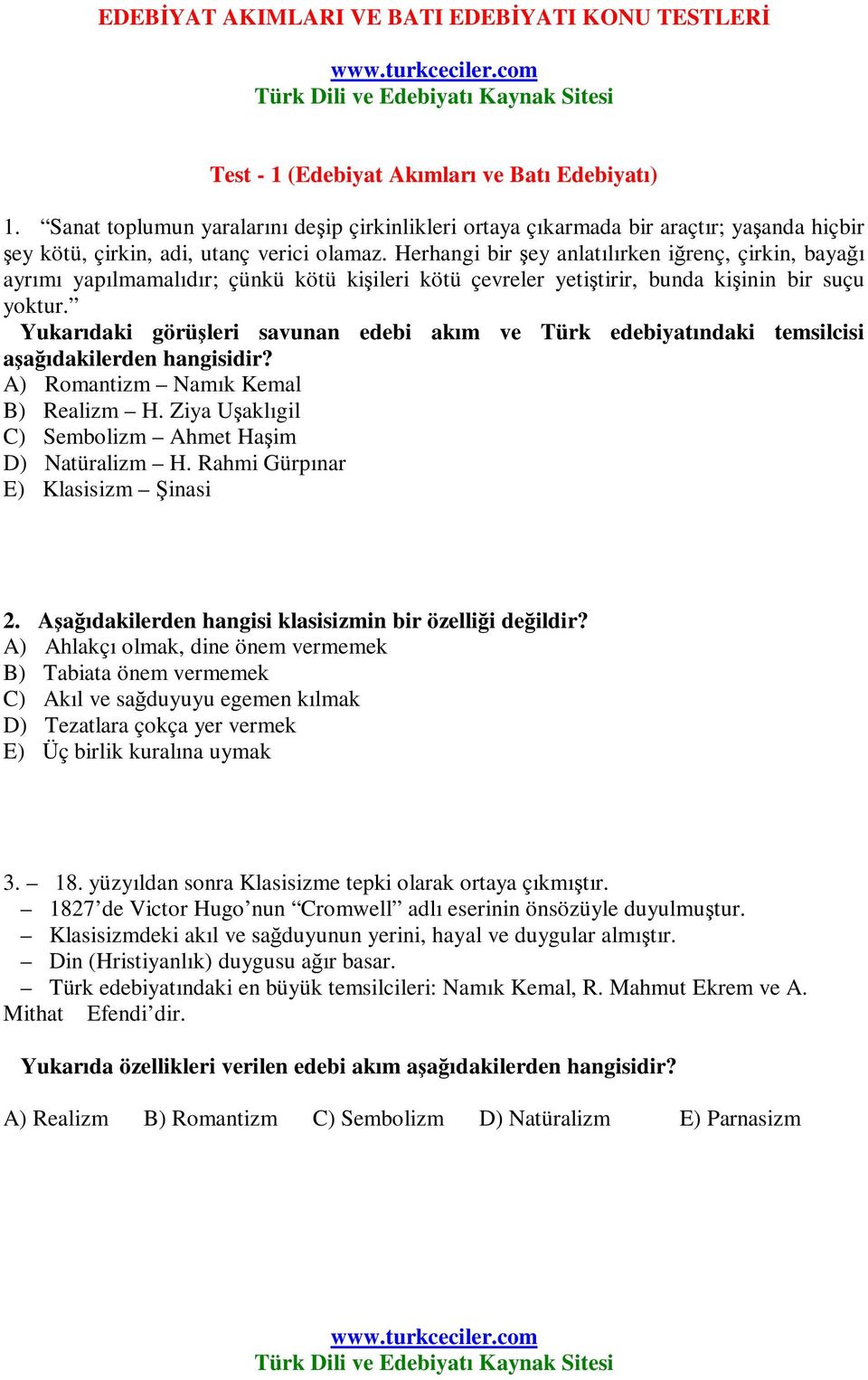 Türk Dili ve Edebiyatı Kaynak Sitesi Test - 1 (Edebiyat Akımları ve Batı  Edebiyatı) - PDF Ücretsiz indirin