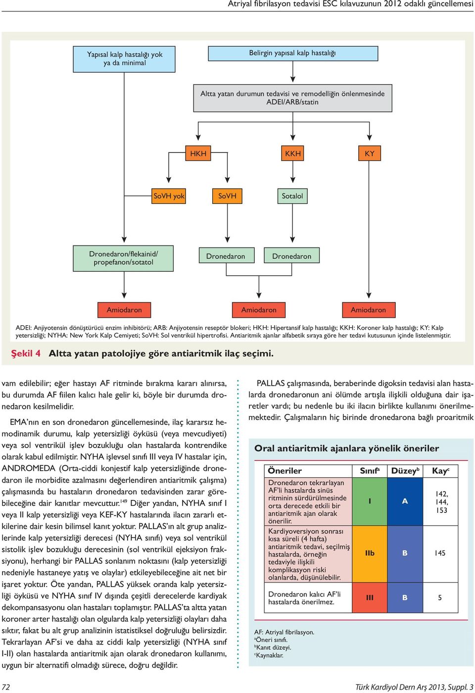 Koroner kalp hastalığı; KY: Kalp yetersizliği; NYHA: New York Kalp Cemiyeti; SoVH: Sol ventrikül hipertrofisi. Antiaritmik ajanlar alfabetik sıraya göre her tedavi kutusunun içinde listelenmiştir.