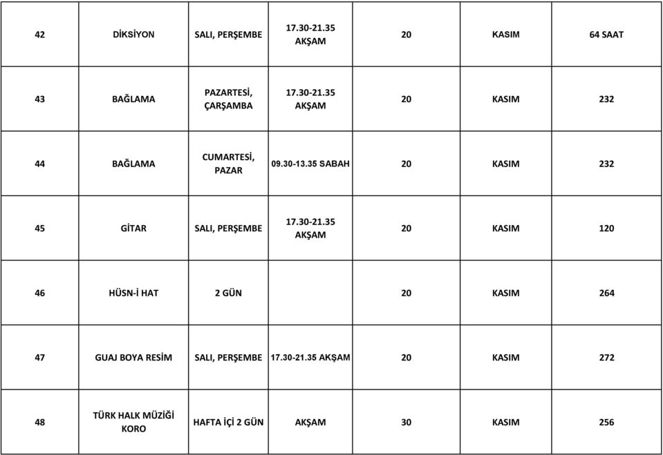 35 AKŞAM 20 KASIM 120 46 HÜSN-İ HAT 2 GÜN 20 KASIM 264 47 GUAJ BOYA RESİM SALI, PERŞEMBE 17.