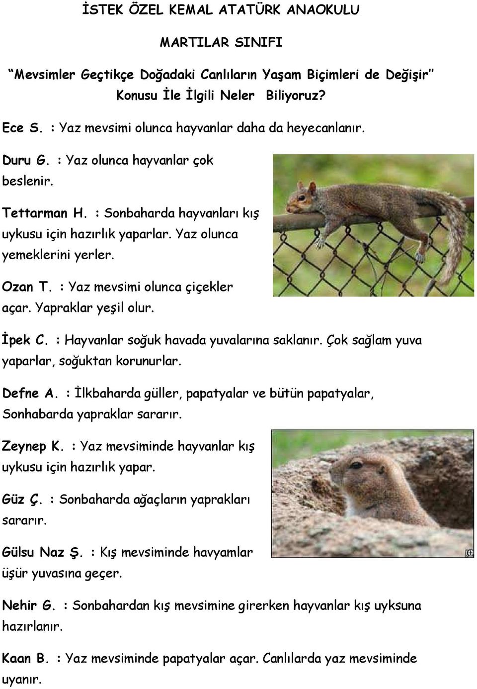 Ozan T. : Yaz mevsimi olunca çiçekler açar. Yapraklar yeşil olur. İpek C. : Hayvanlar soğuk havada yuvalarına saklanır. Çok sağlam yuva yaparlar, soğuktan korunurlar. Defne A.