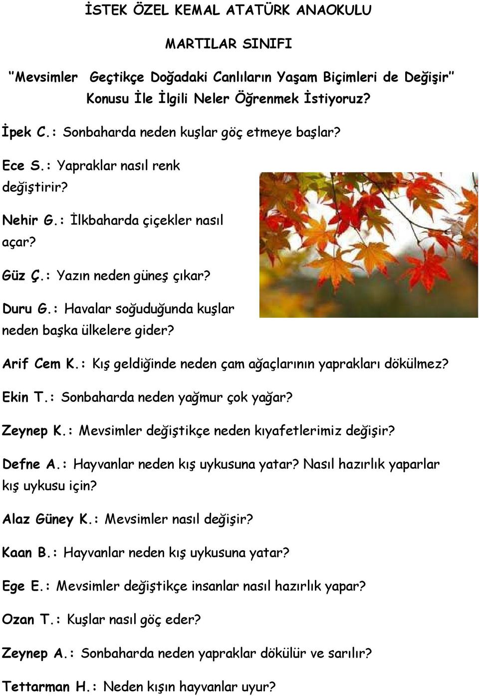 : Havalar soğuduğunda kuşlar neden başka ülkelere gider? Arif Cem K.: Kış geldiğinde neden çam ağaçlarının yaprakları dökülmez? Ekin T.: Sonbaharda neden yağmur çok yağar? Zeynep K.