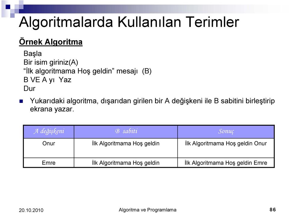 sabitini birleştirip ekrana yazar.